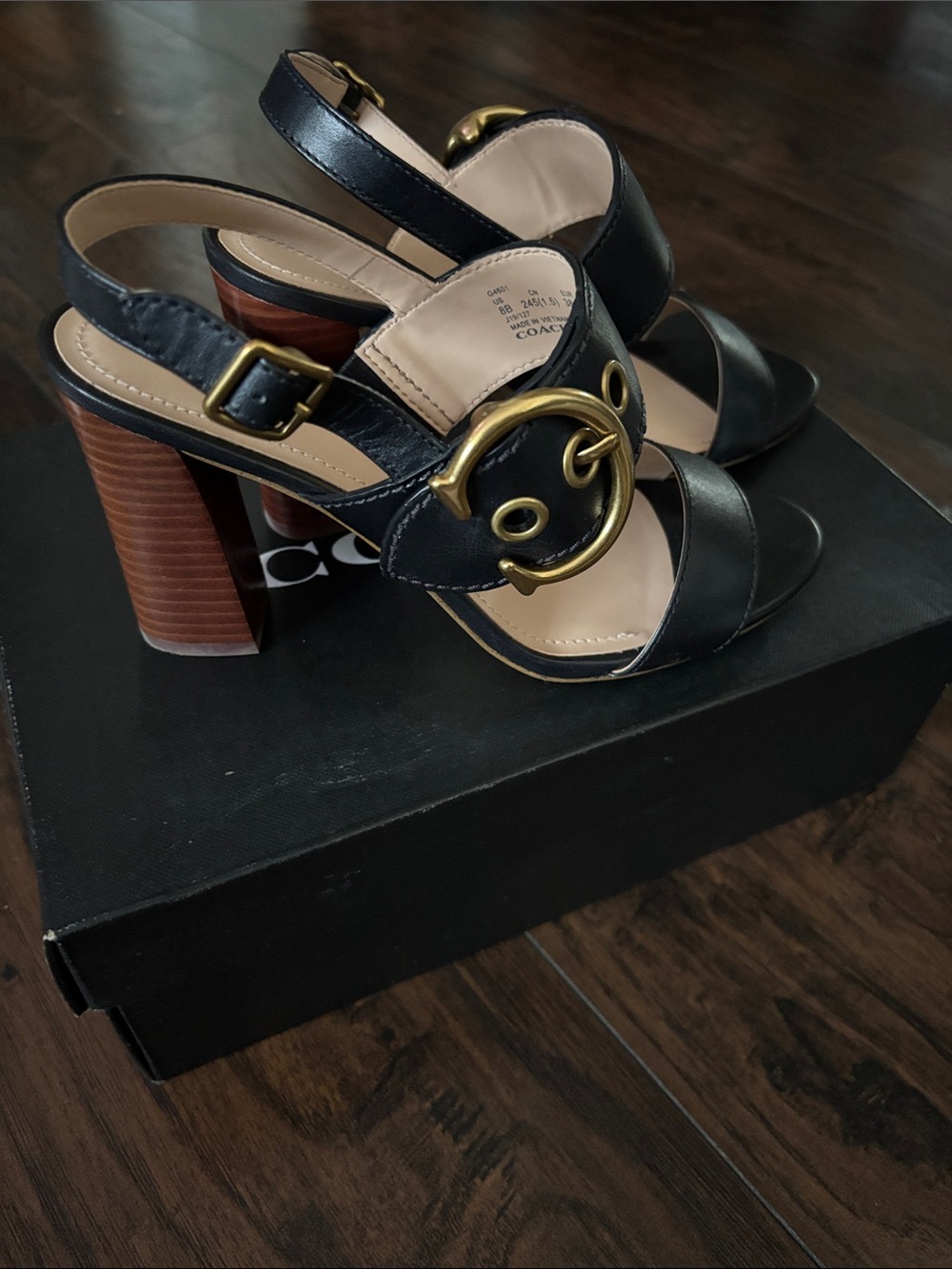 Coach Black Leather Slingback Sandals with Gold Buckle Accents - Picture 3 of 8